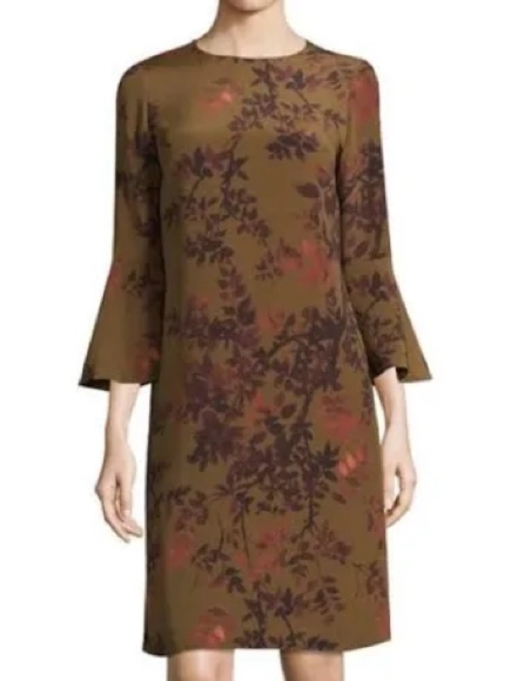 Lafayette 148 Sidra Silk Bell Sleeve Shift Dress Olive Floral Size P Petite